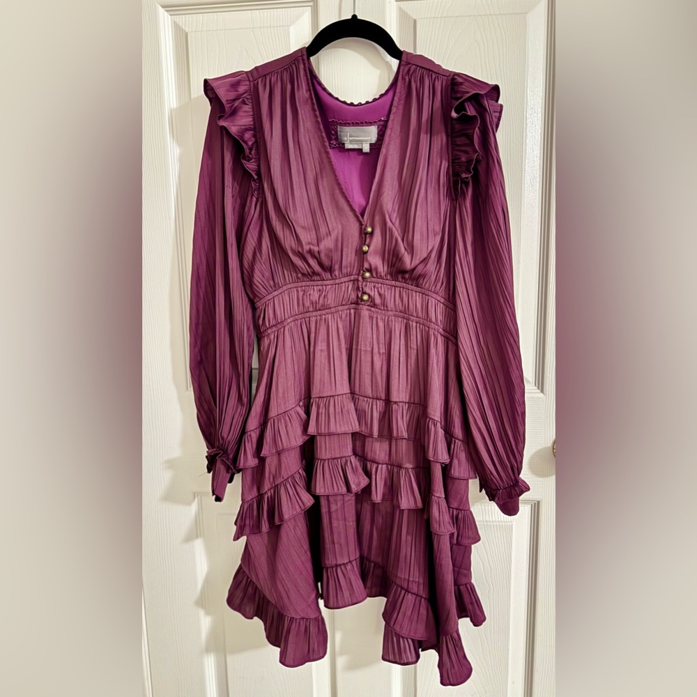 By Anthropologie Tiered Purple Ruffle Mini Dress Long Sleeve Size S Small 4 6 - Picture 4 of 5